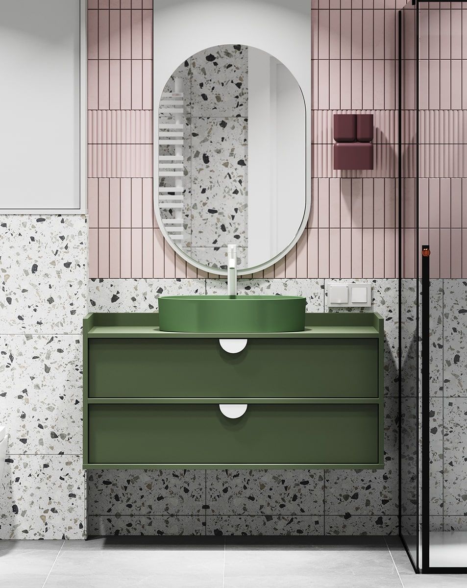 Armoire SIGI avec lavabo OMNIRES à suspendre WSU02
Couleur : vert cyprès
Poignée : poignée en bois RIND
Lavabo : OVO M+ Olive OMNIRES
Robinet : Tall Y Blanc Mat OMNIRES