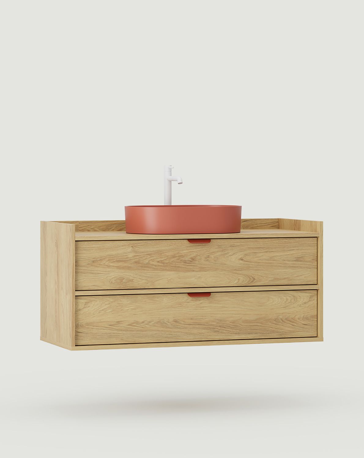 SIGI armoire avec lavabo OMNIRES à suspendre WSU02
Couleur : Hickory naturel
Poignée : LAYERS 110 Fiery Terracotta
Vasque : OVO M+ Terracotta OMNIRES
Robinet : Tall Y Blanc Mat OMNIRES
                            