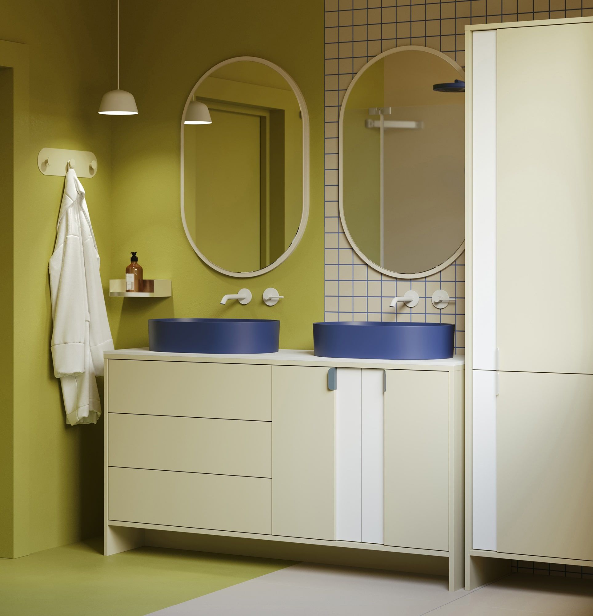 OMNIRES LAYERS LAY74 meuble double vasque
Couleur : Milky Way
Couleur de la façade du second plan : blanc porcelaine
Poignée : LAYERS 110 Poignée Night Sailing
Lavabo : OVO M+ Midnight Blue OMNIRES
Plan de travail : White Crystal Sinter