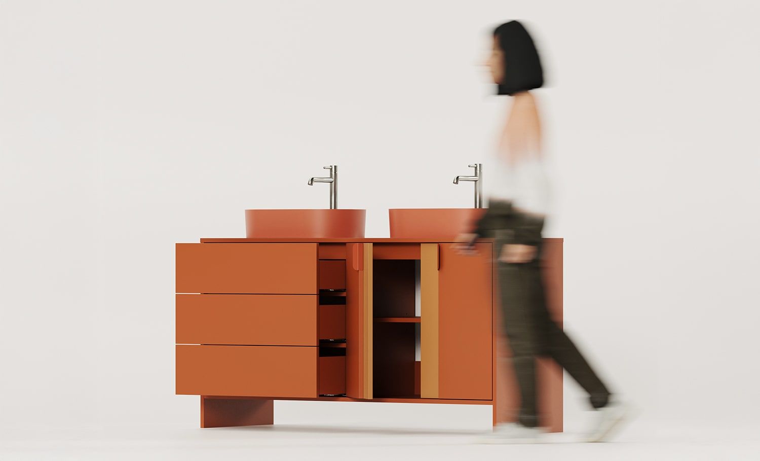 OMNIRES LAYERS LAY74 meuble double vasque
Couleur : Terracotta ardent
Couleur de la façade de la deuxième couche : Sahara Deep
Poignée : LAYERS 110 Terracotta feu
Lavabo : OVO M+ Terracotta OMNIRES
Robinet : Tall Y Nickel OMNIRES