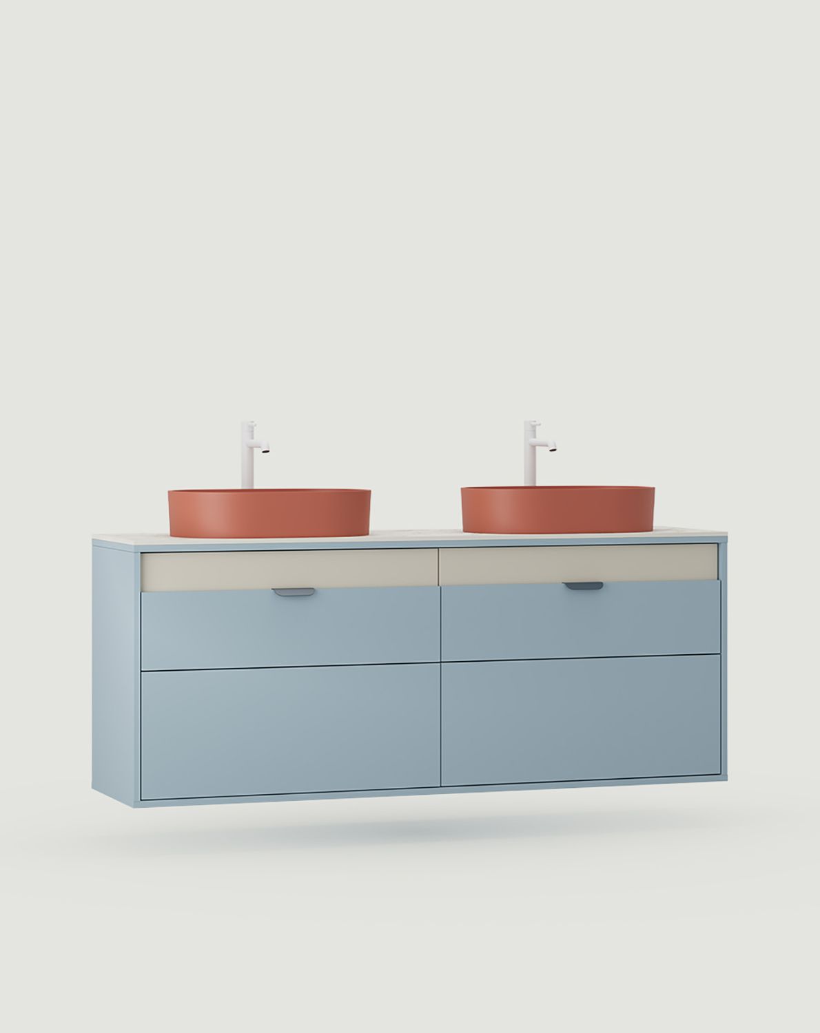 OMNIRES meuble suspendu double vasque avec tiroirs LAYERS LAY72
Couleur : Bleu colombe
Couleur de la deuxième couche de la façade : Milky Way
Poignée : LAYERS 110 Poignée Night Sailing
Lavabo : OVO M+ Terracotta OMNIRES
Robinet : Tall Y Blanc Mat OMN