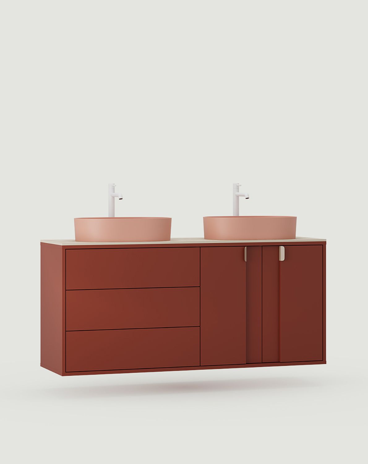 OMNIRES LAYERS meuble double vasque à poser LAY76
Couleur : Terracotta ardent
Couleur de la façade du deuxième niveau : Terracotta feu
Poignée : LAYERS 110 Cappuccino
Lavabo : OVO M+ Coral OMNIRES
Robinet : Tall Y White Mat OMNIRES
Plan de travail :