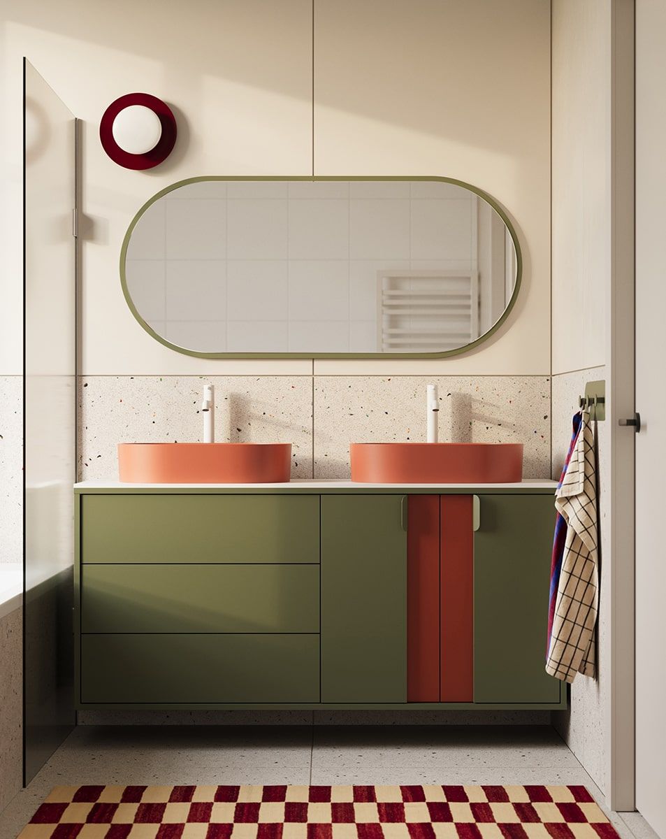 OMNIRES LAYERS meuble suspendu avec deux lavabos LAY76
Couleur : Vert Cyprès
Couleur de la façade de la deuxième couche : Terracotta ardent
Poignée : poignée LAYERS 110 vert cyprès
Lavabo : OVO M+ Terracotta OMNIRES
Robinet : Tall Y Blanc mat OMNIRES