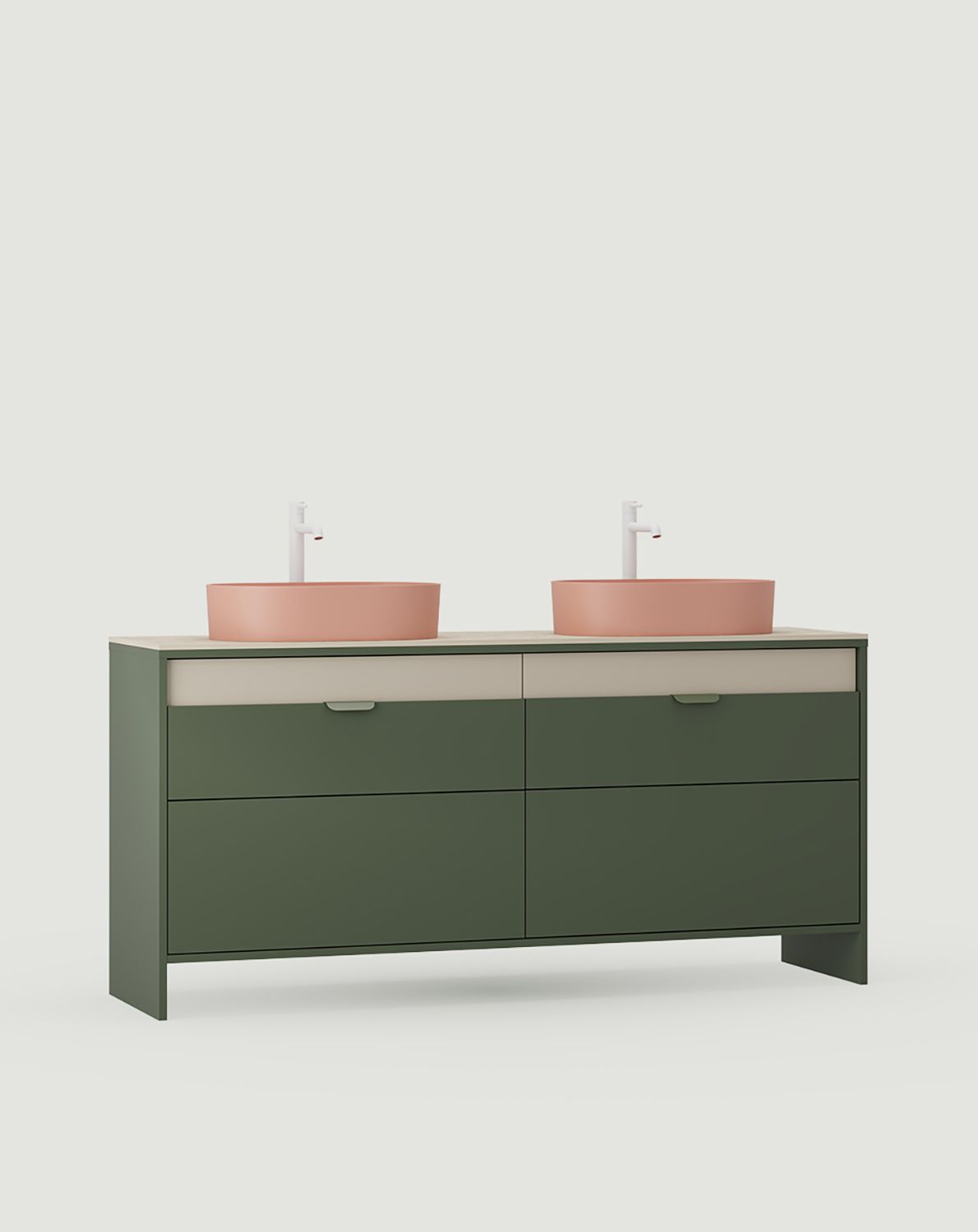 OMNIRES meuble double vasque avec tiroirs LAYERS LAY78
Couleur : Cypress Green
Couleur de la façade de la deuxième couche : Champagne Beige
Poignée : LAYERS 110 Vert cyprès
Lavabo : OVO M+ Coral OMNIRES
Robinet : Tall Y Blanc Mat OMNIRES
Plan de tra