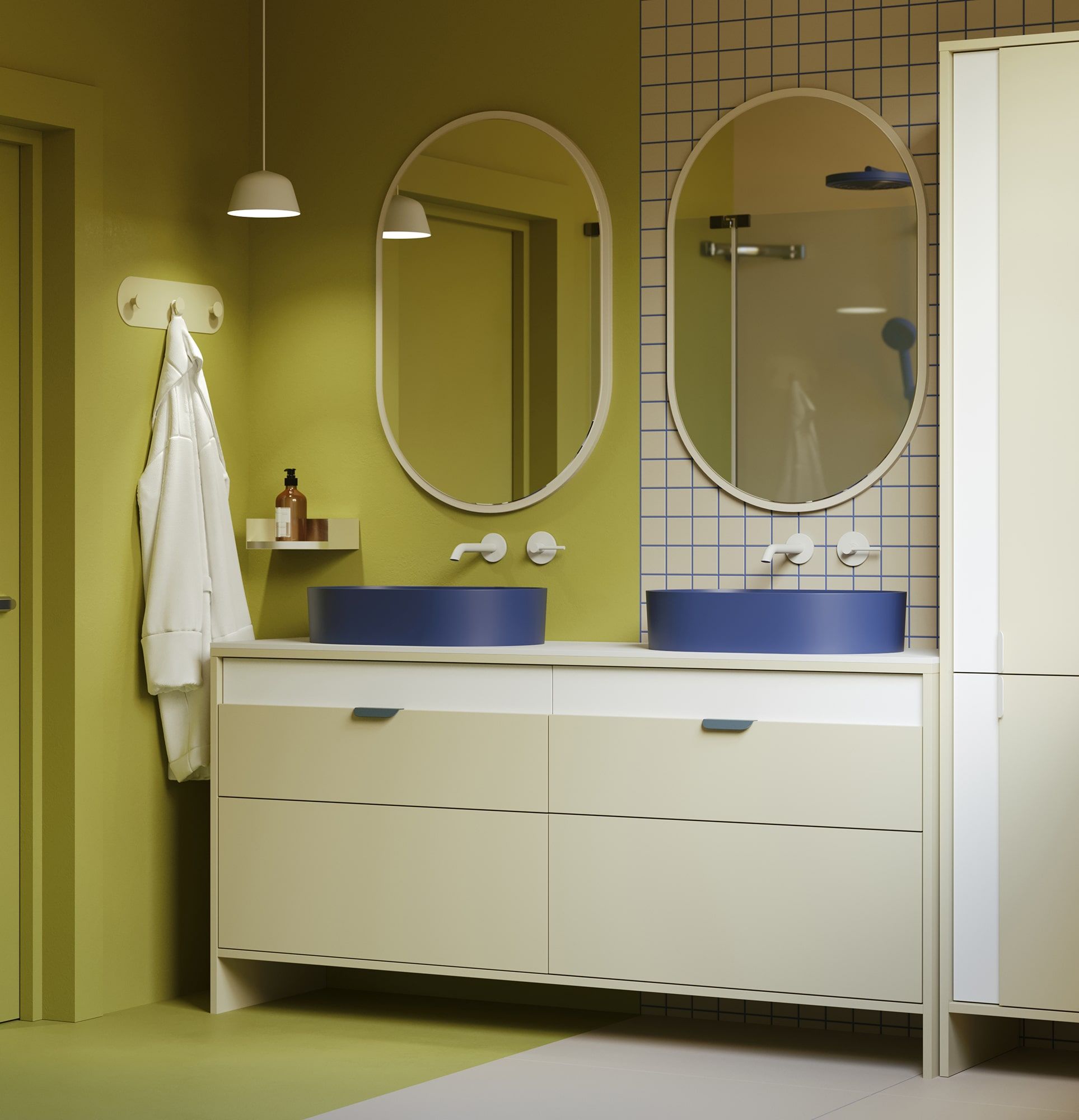 OMNIRES meuble double vasque avec tiroirs LAYERS LAY78
Couleur : Milky Way
Couleur de la façade de la deuxième couche : Porcelain white
Poignée : LAYERS 110 Poignée Night Sailing
Lavabo : OVO M+ Midnight Blue OMNIRES
Plan de travail : White Crystal S