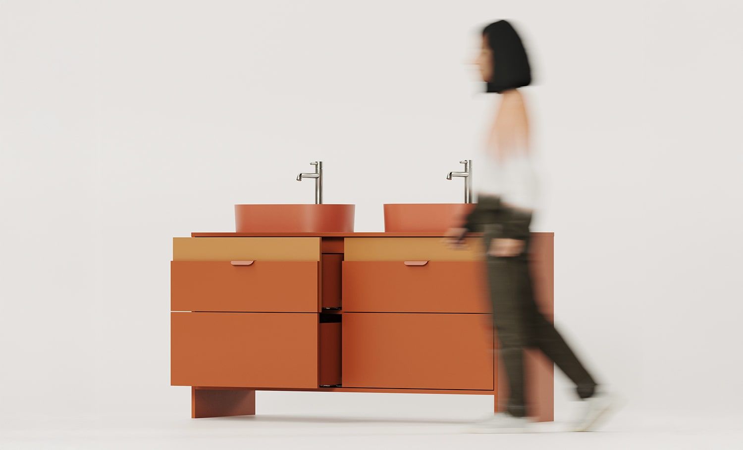 OMNIRES meuble double vasque avec tiroirs LAYERS LAY78
Couleur : Terracotta ardent
Couleur de la façade de la deuxième couche : Sahara Deep
Poignée : LAYERS 110 Terracotta feu
Lavabo : OVO M+ Terracotta OMNIRES
Robinet : Tall Y Nickel OMNIRES