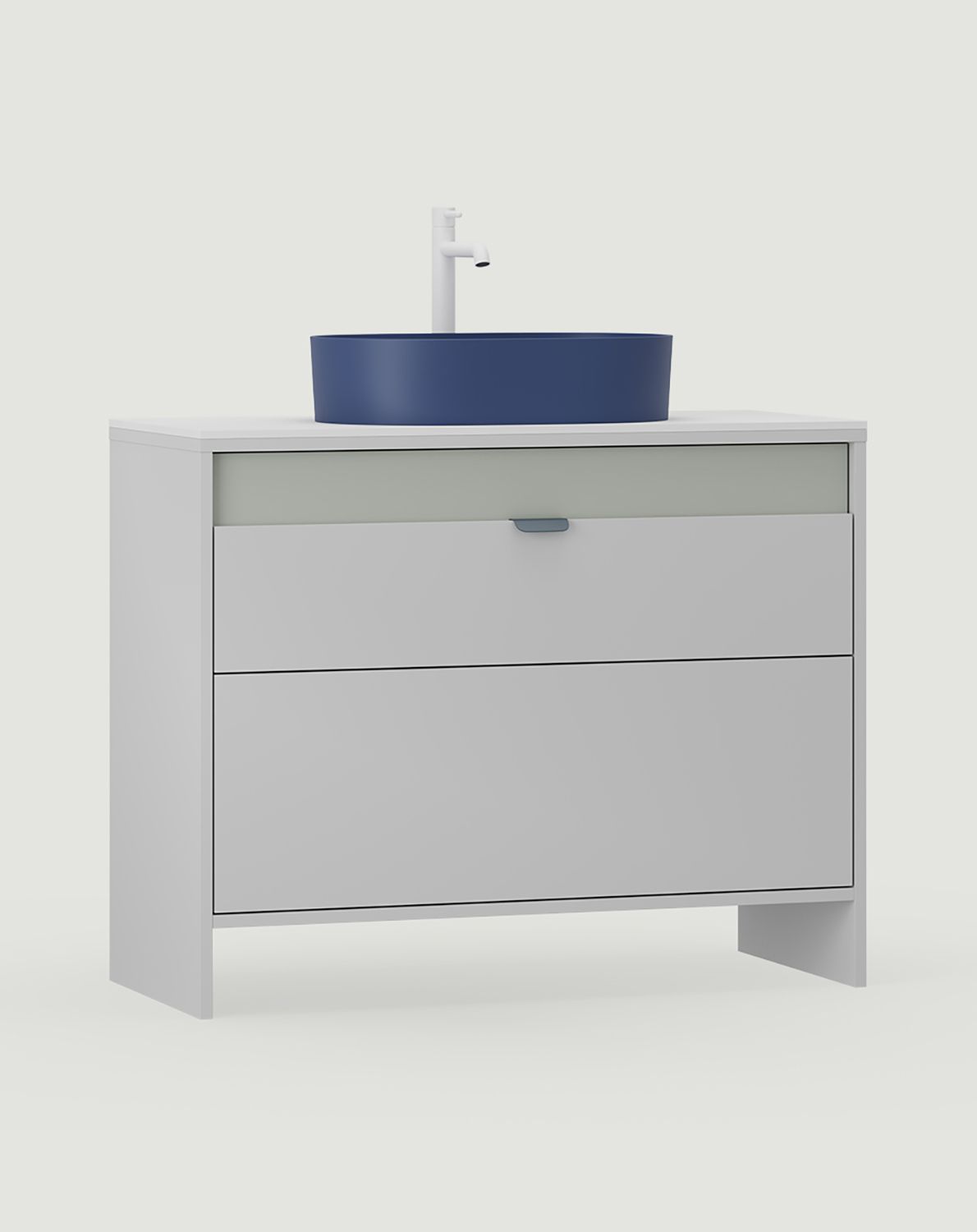 OMNIRES meuble lavabo vertical avec tiroirs LAYERS LAY61
Couleur : Silent Grey
Couleur de la façade de la deuxième couche : Milk Pistachio
Poignée : LAYERS 110 Poignée Night Sailing
Vasque : OVO M+ Midnight Blue OMNIRES
Robinet : Tall Y Blanc Mat OMN
