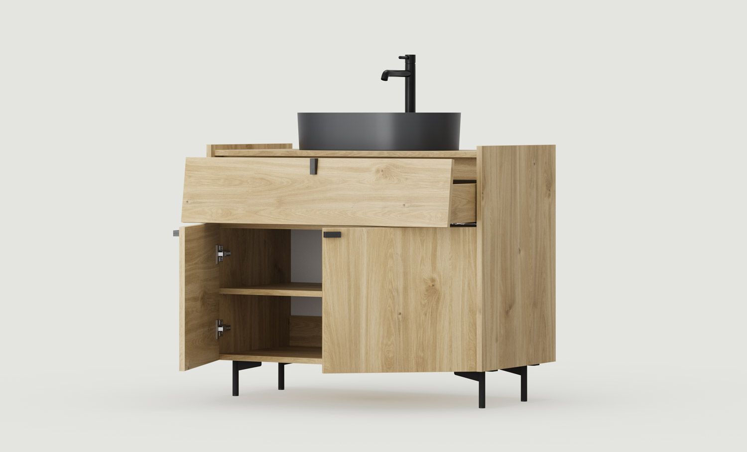 Armoire avec lavabo OMNIRES SKRA SKR67
Couleur : Chêne miel
Poignée : Wedge Black
Pied : Noir
Vasque : OVO M+ Black
Robinet : Tall Y Noir