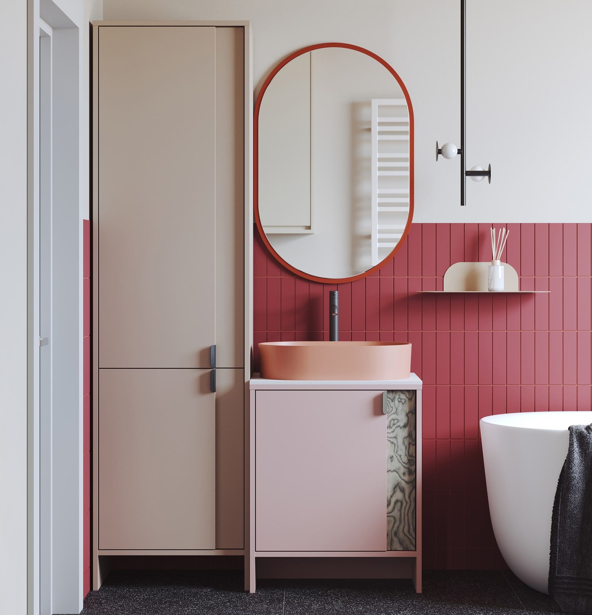 OMNIRES LAYERS LAY60 meuble lavabo à poser
Couleur : Rose antique
Couleur de la deuxième couche : placage gris Sottsass
Poignée : LAYERS 110 Onyx noir
Vasque : OVO M+ Coral OMNIRES
Robinet : Tall Y Noir OMNIRES
Plan de travail : White Crystal Sp