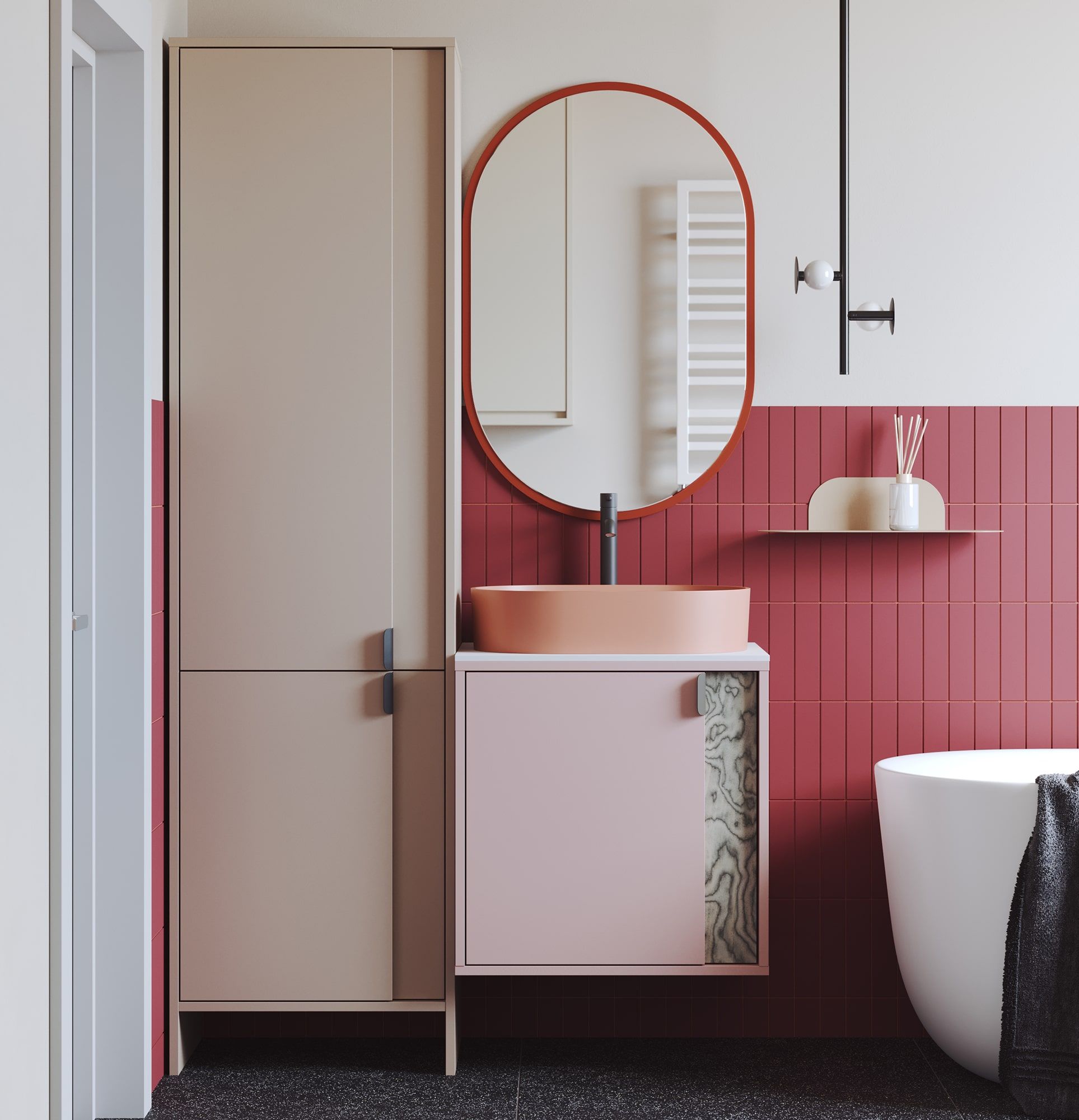 OMNIRES lavabo suspendu LAYERS LAY62
Couleur : Rose antique
Couleur de la façade de la deuxième couche : Placage gris Sottsass
Poignée : LAYERS 110 Noir Onyx
Vasque : OVO M+ Coral OMNIRES
Robinet : Tall Y Noir OMNIRES
Plan de travail : White Crystal