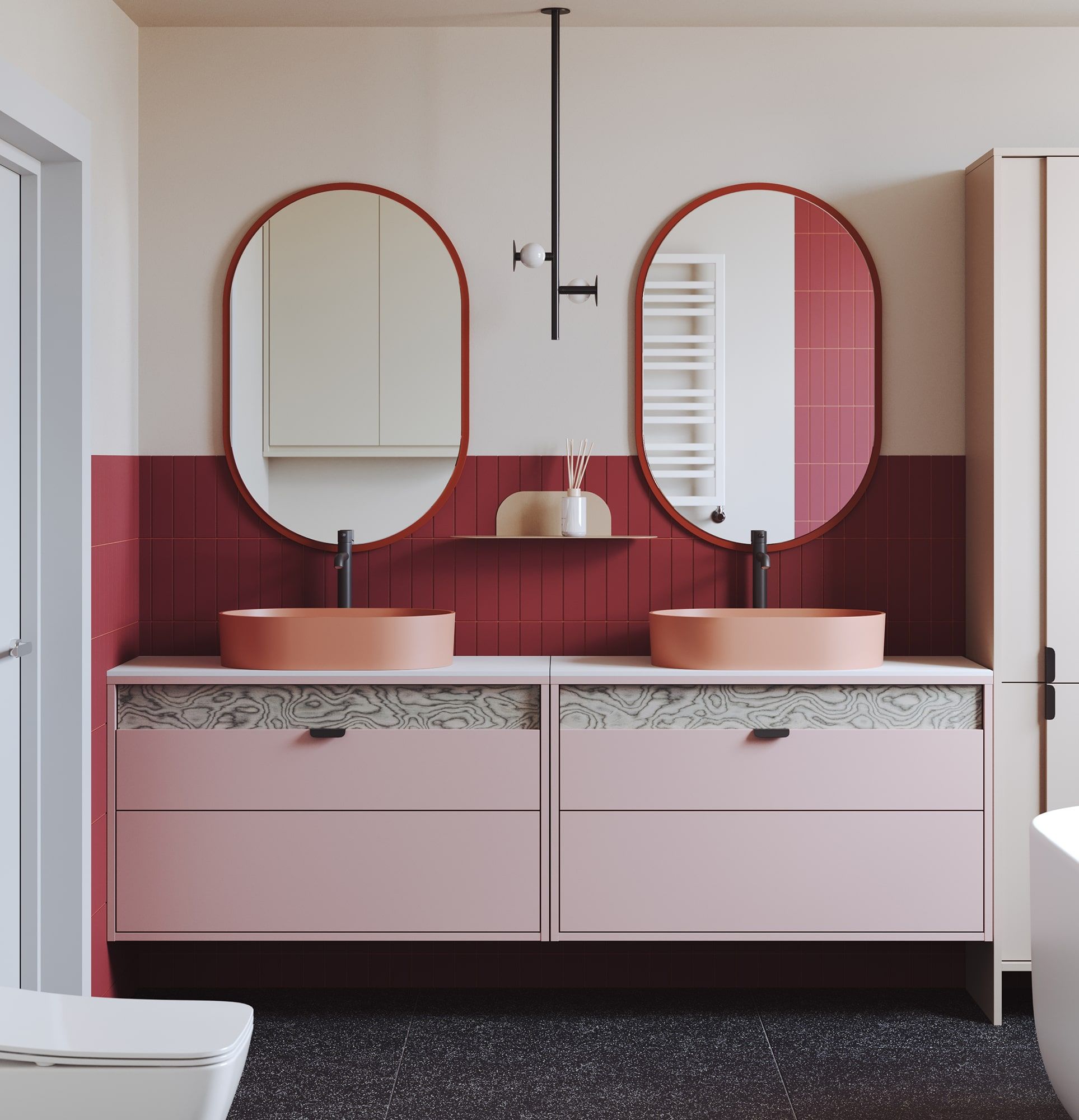 OMNIRES lavabo suspendu avec tiroirs LAYERS LAY63
Couleur : Rose antique
Couleur de la façade du deuxième niveau : Placage gris Sottsass
Poignée : LAYERS 110 Onyx noir
Vasque : OVO M+ Coral OMNIRES
Robinet : Tall Y Noir OMNIRES
Plan de travail : Whi