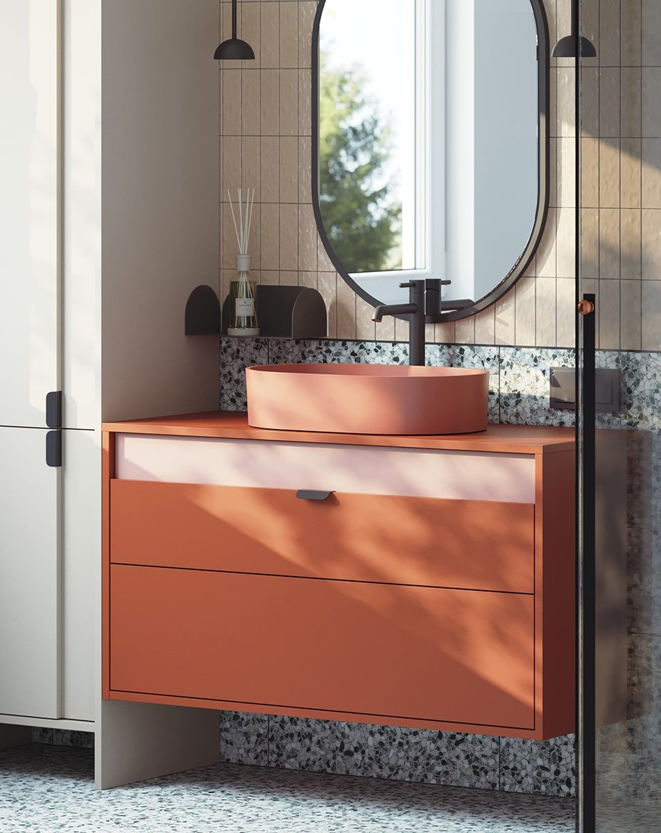 OMNIRES lavabo mural avec tiroirs LAYERS LAY63
Couleur : Terracotta ardent
Couleur de la façade de la deuxième couche : Antique Rose
Poignée : LAYERS 110 Onyx noir
Vasque : OVO M+ Midnight Blue OMNIRES
Robinet : Tall Y Noir OMNIRES