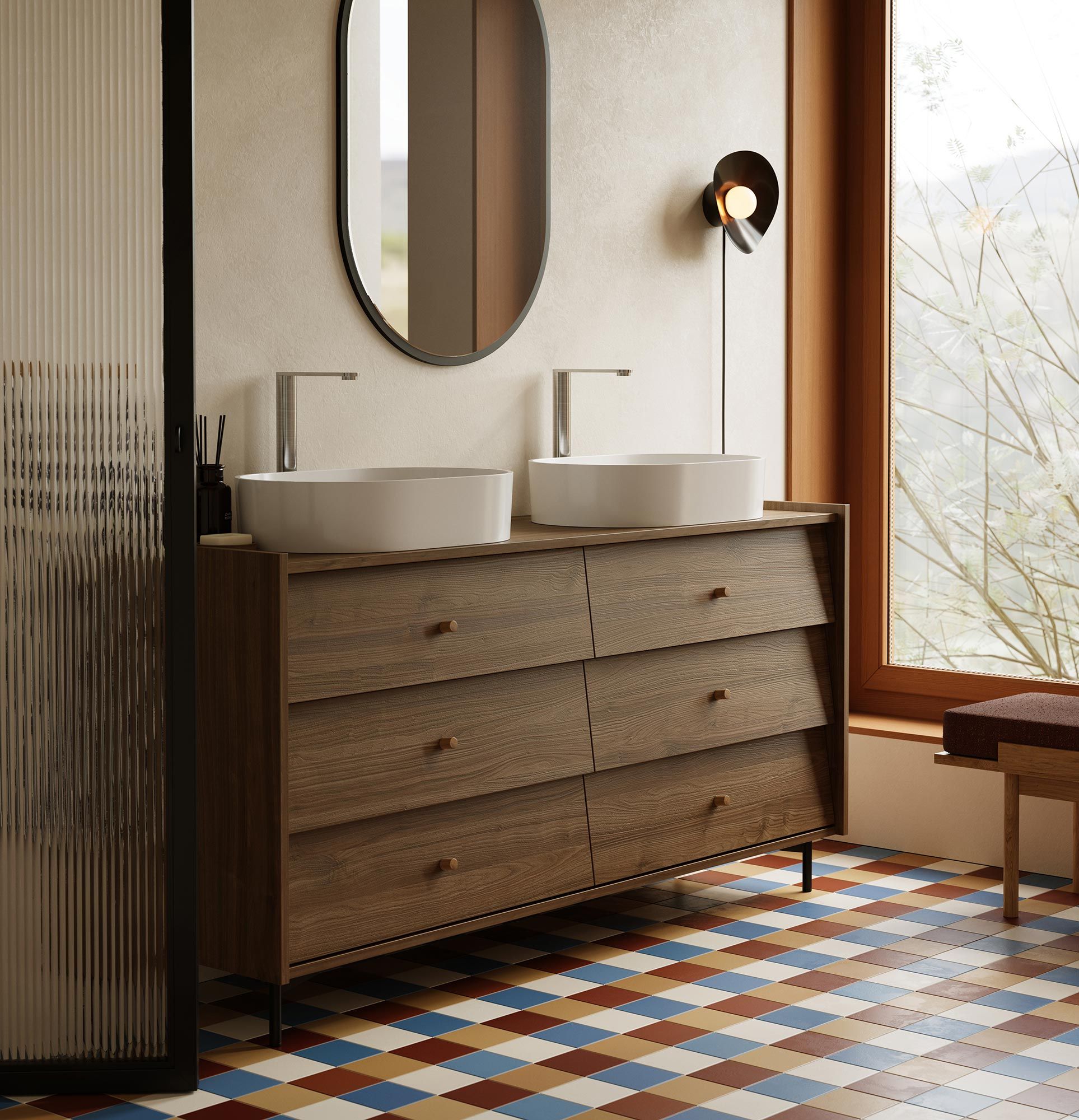 Meuble à double vasque SKRA SKR69
Couleur : Noyer foncé
Pied : Noir
Poignée : bouton en chêne
Lavabo : OVO M+ Blanc mat OMNIRES
