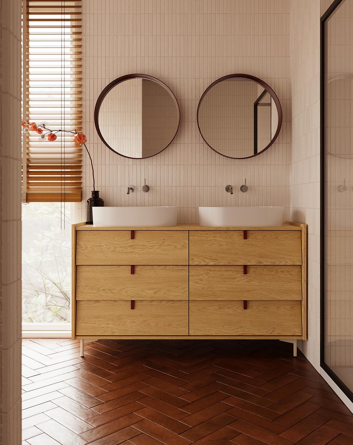 Meuble à double vasque SKRA SKR69
Couleur : chêne baltique
Pied : Pied Milky Way
Poignée : Burgundy Wedge
Lavabo : OVO M+ White Mat OMNIRES
