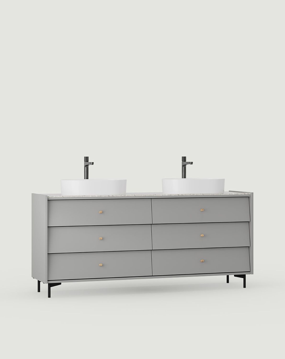 SKRA SKR69 meuble double vasque
Couleur : Poussière de lune
Pied : Noir
Poignée : bouton en chêne
Vasque : OVO M+ White Mat OMNIRES
Robinet : Tall Y Noir OMNIRES
Frittage : Lastryko Gris Fritté Mat 12mm
                            