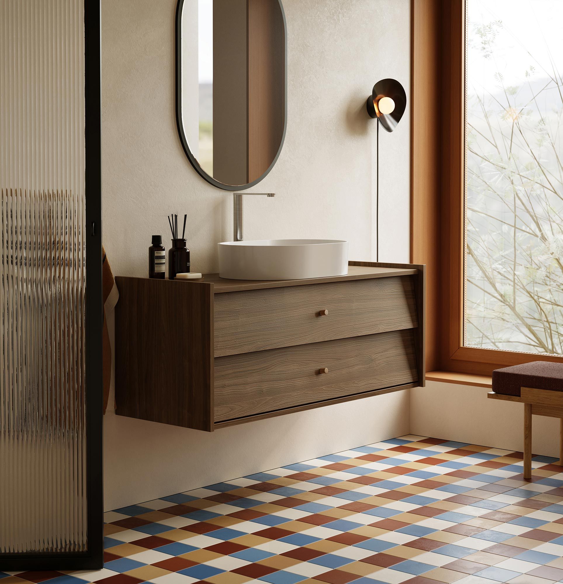 Armoire avec lavabo OMNIRES SKRA SKR64
Couleur : Noyer foncé
Poignée : bouton en chêne
Lavabo : OVO M+ White
                            