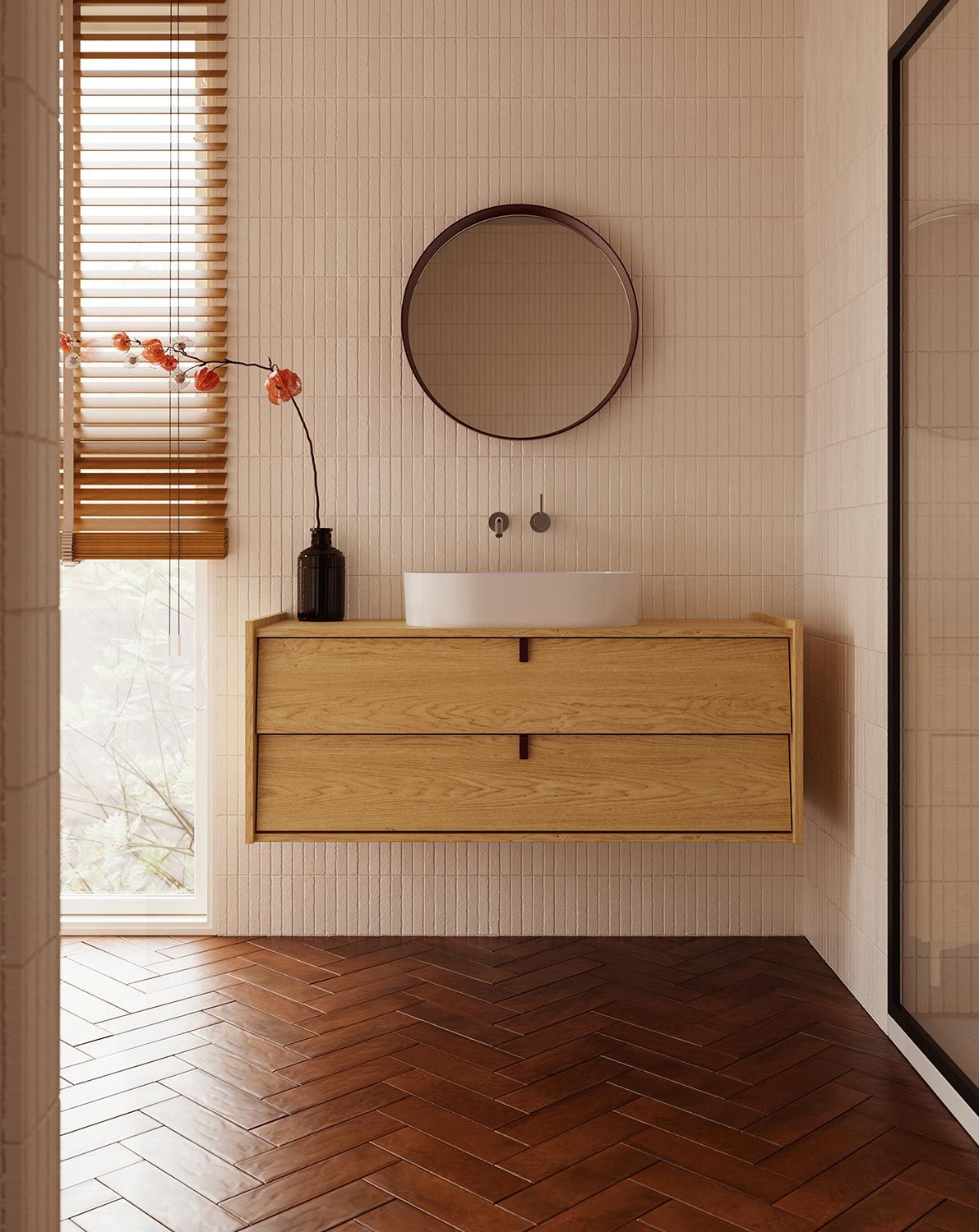 Armoire avec lavabo OMNIRES SKRA SKR64
Couleur : Chêne Baltique
Poignée : Wedge Black
Lavabo : OVO M+ White
                            