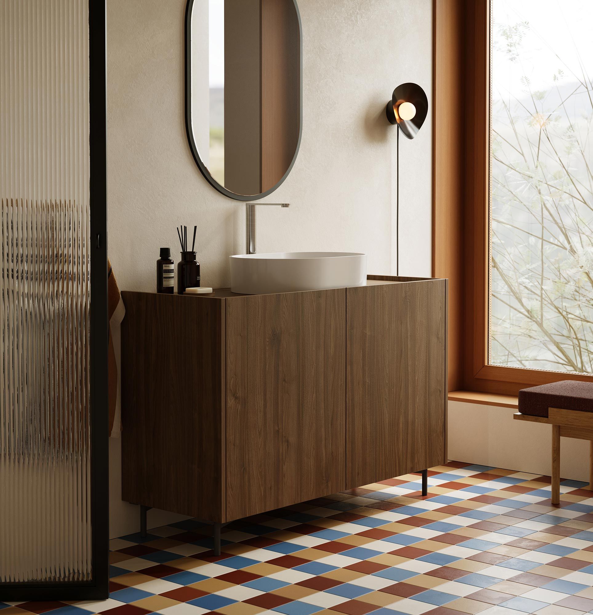 Armoire avec lavabo OMNIRES SKRA SKR65
Couleur : Noyer foncé
Pied : Noir
Lavabo : OVO M+ Blanc