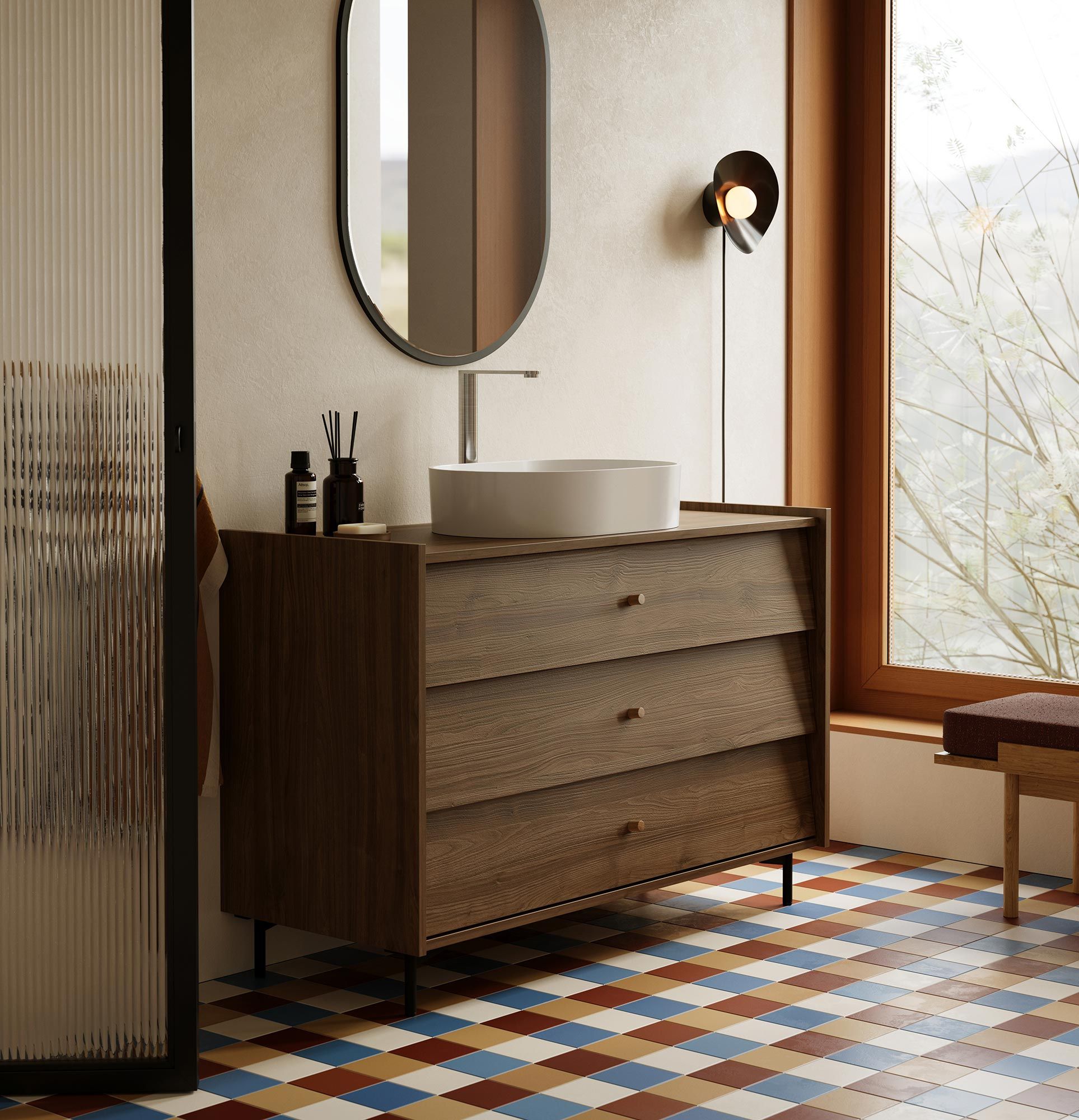 Armoire avec lavabo OMNIRES SKRA SKR66
Couleur : Noyer foncé
Poignée : bouton en chêne
Pied : noir
Lavabo : OVO M+ Blanc