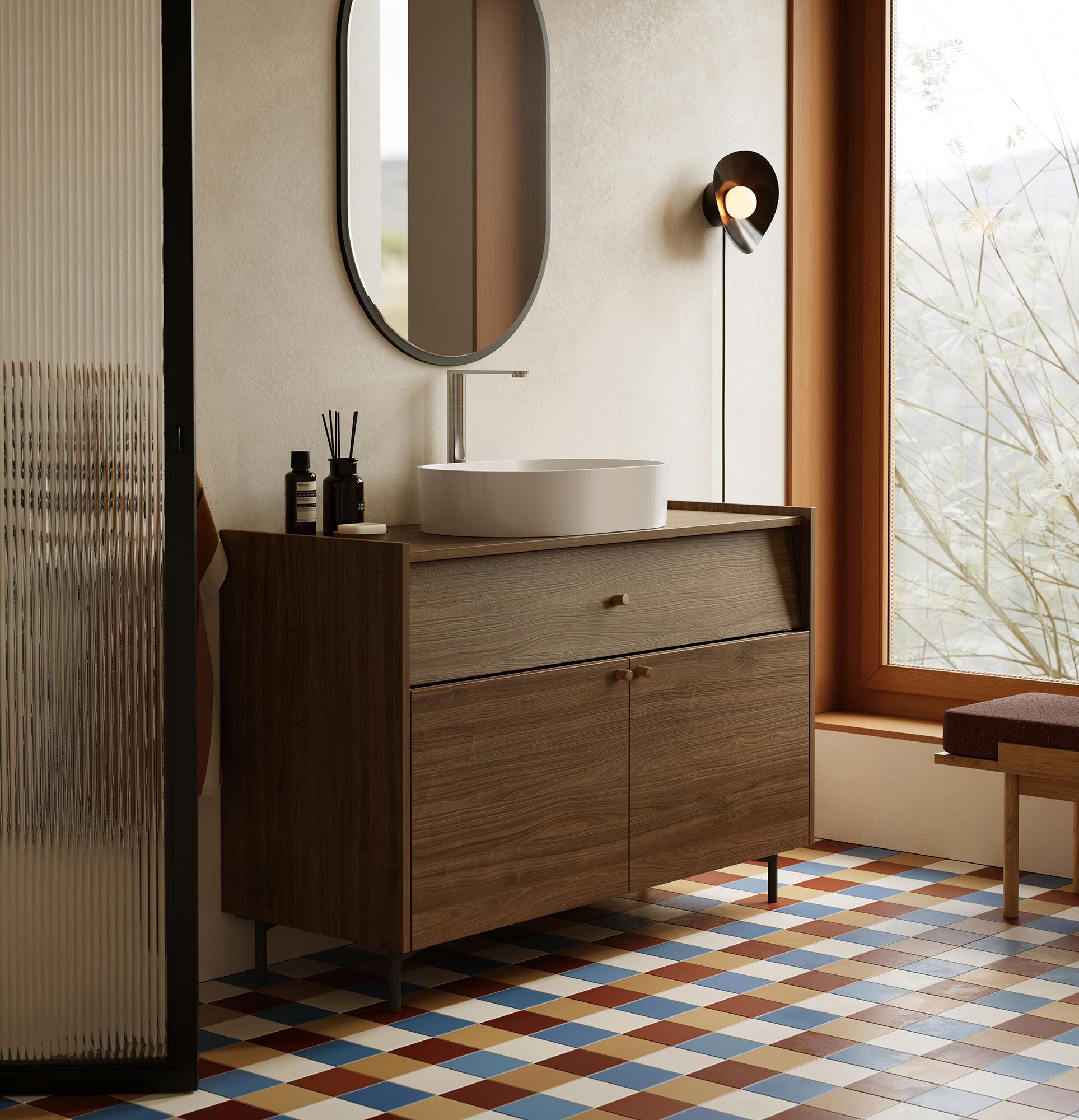 Armoire avec lavabo OMNIRES SKRA SKR67
Couleur : Noyer foncé
Poignée : bouton en chêne
Pied : noir
Lavabo : OVO M+ Blanc
