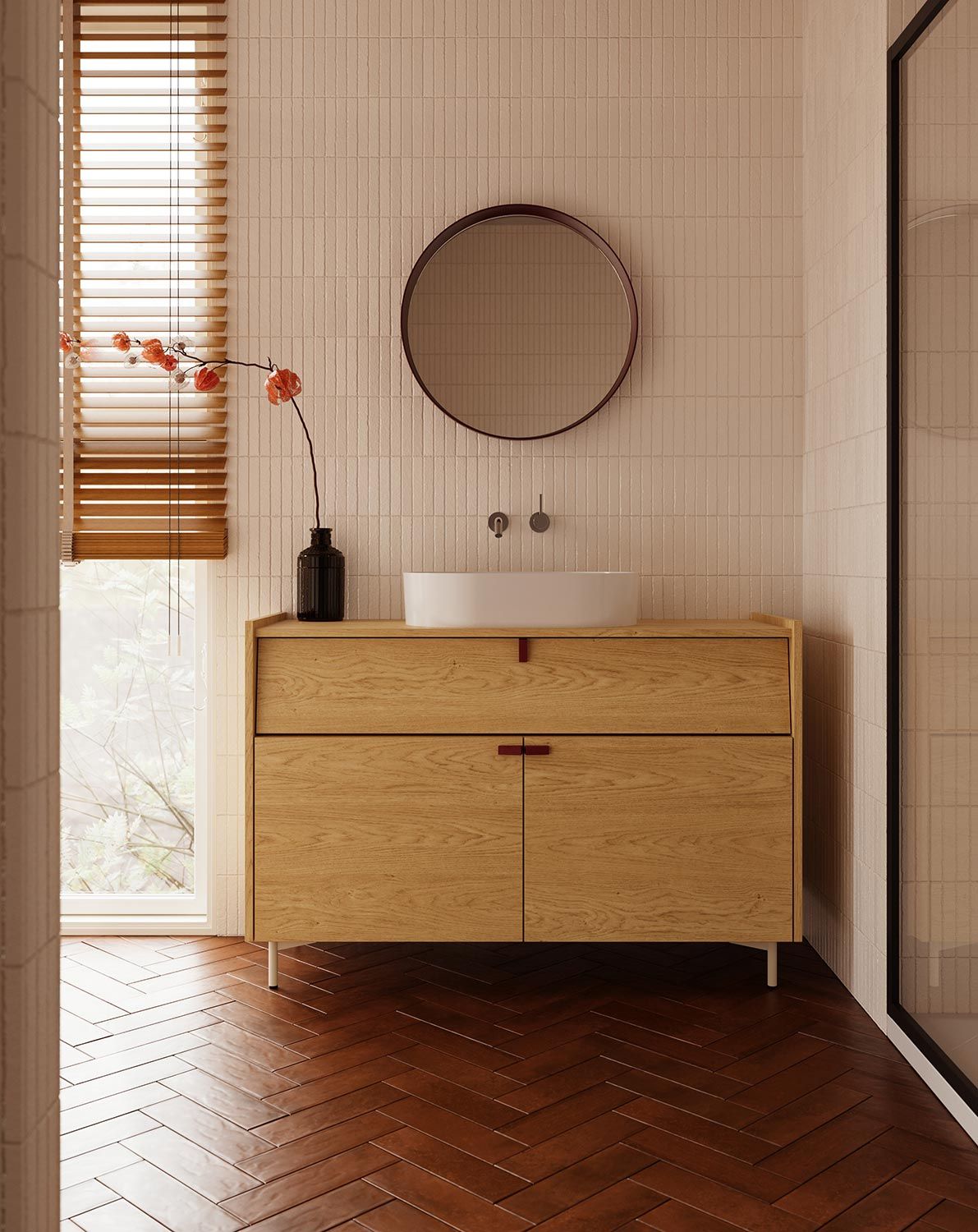 Armoire avec lavabo OMNIRES SKRA SKR67
Couleur : chêne baltique
Poignée : Burgundy Wedge
Pied : Milky Way
Lavabo : OVO M+ White
