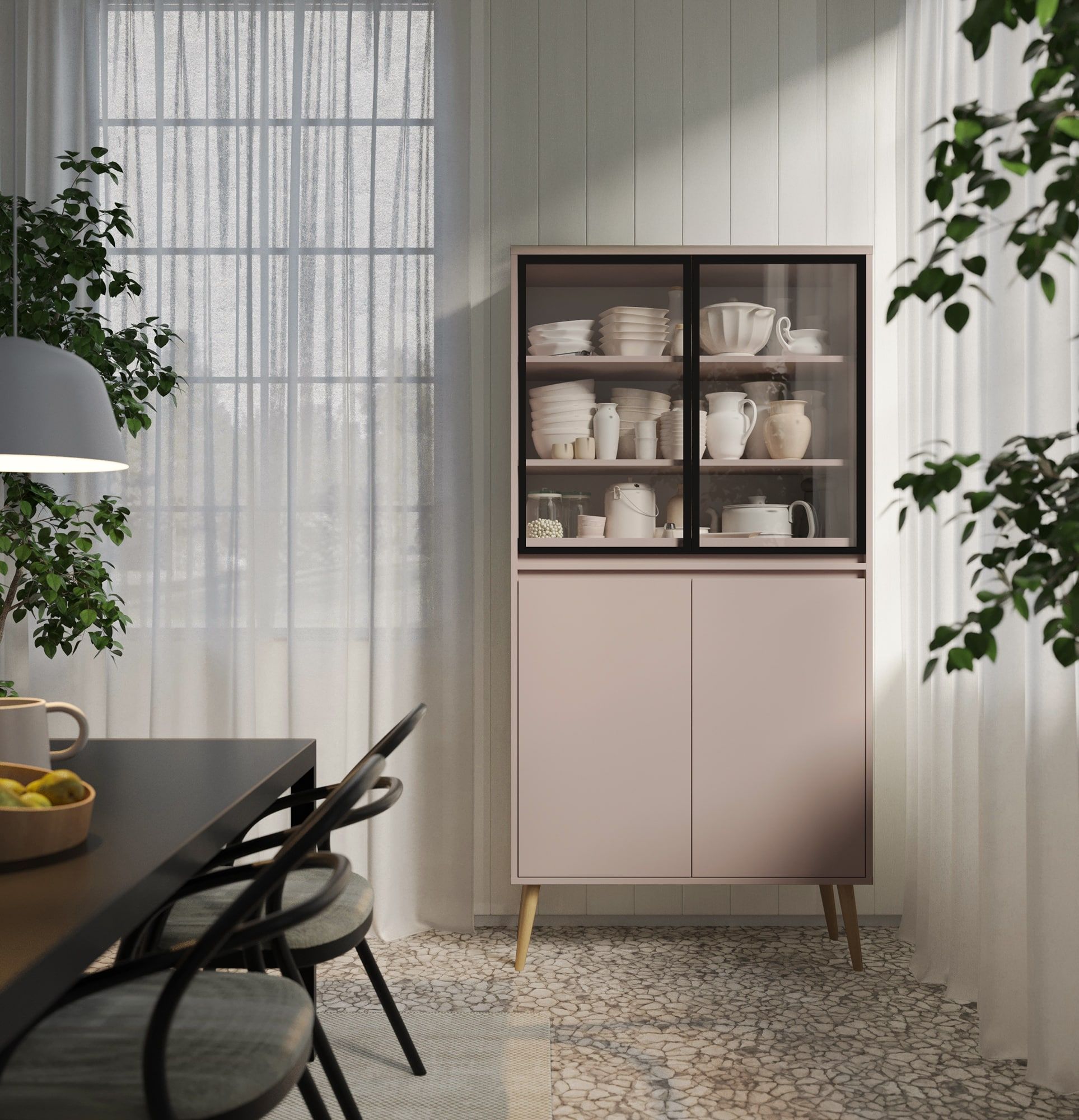 Armoire FENRIS WF1
Couleur : Rose antique
Pied : Cylindre en hêtre teinté
Type de verre : Verre lisse