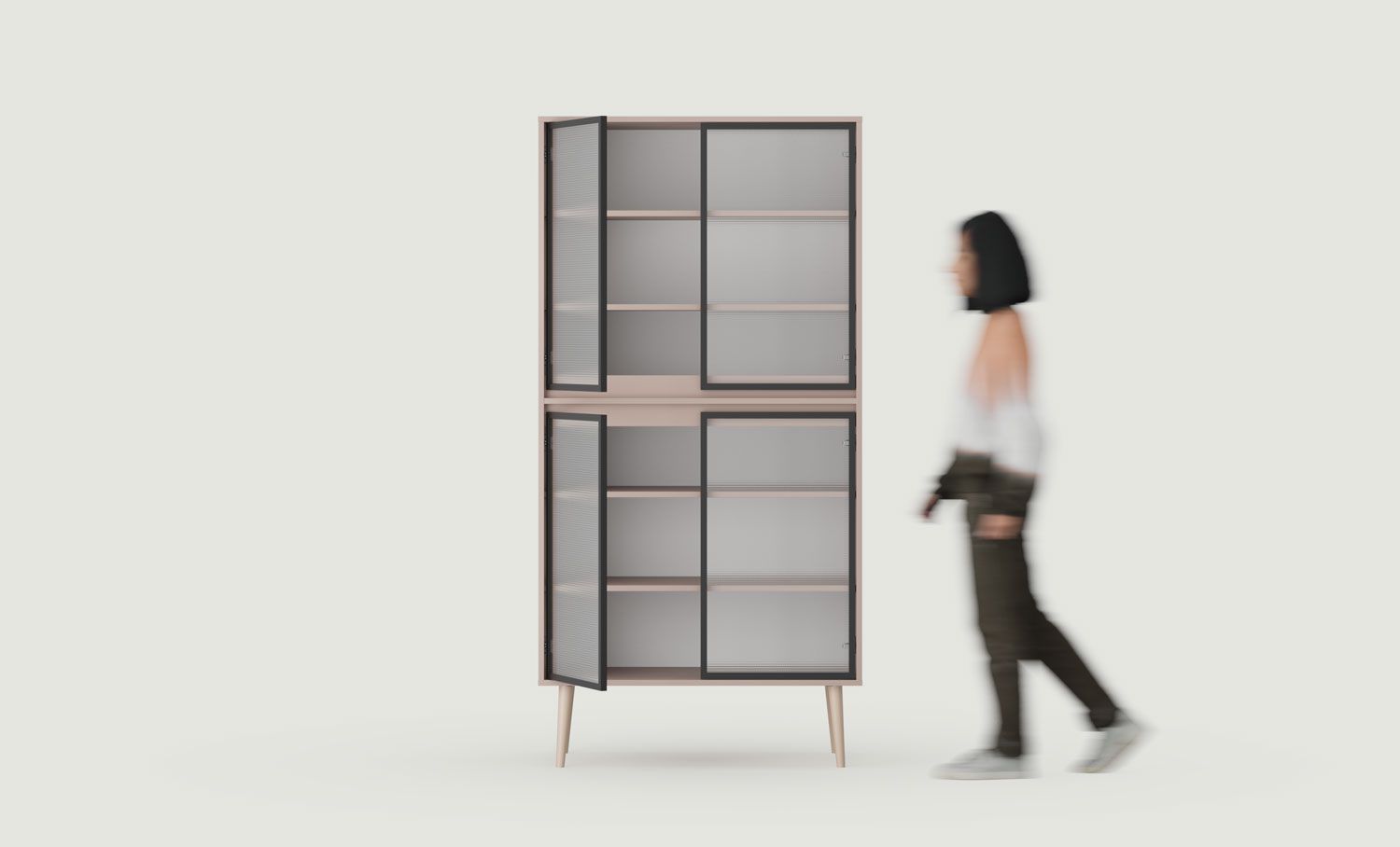 Armoire FENRIS WF2
Couleur : Rose antique
Pied : Rouleau en hêtre beige
Type de verre : Verre ornemental mons