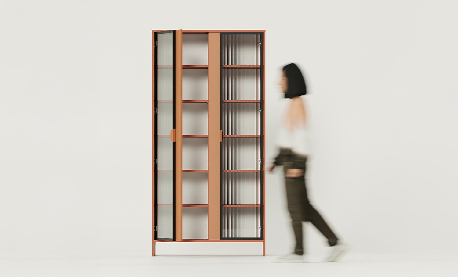 Armoire LAYERS LAY45
Couleur : Terracotta ardent
Couleur de la deuxième couche de la façade : Sahara Deep
Poignée : Poignée LAYERS 110 Terracotta ardent
Type de verre : Verre ornemental cannelé