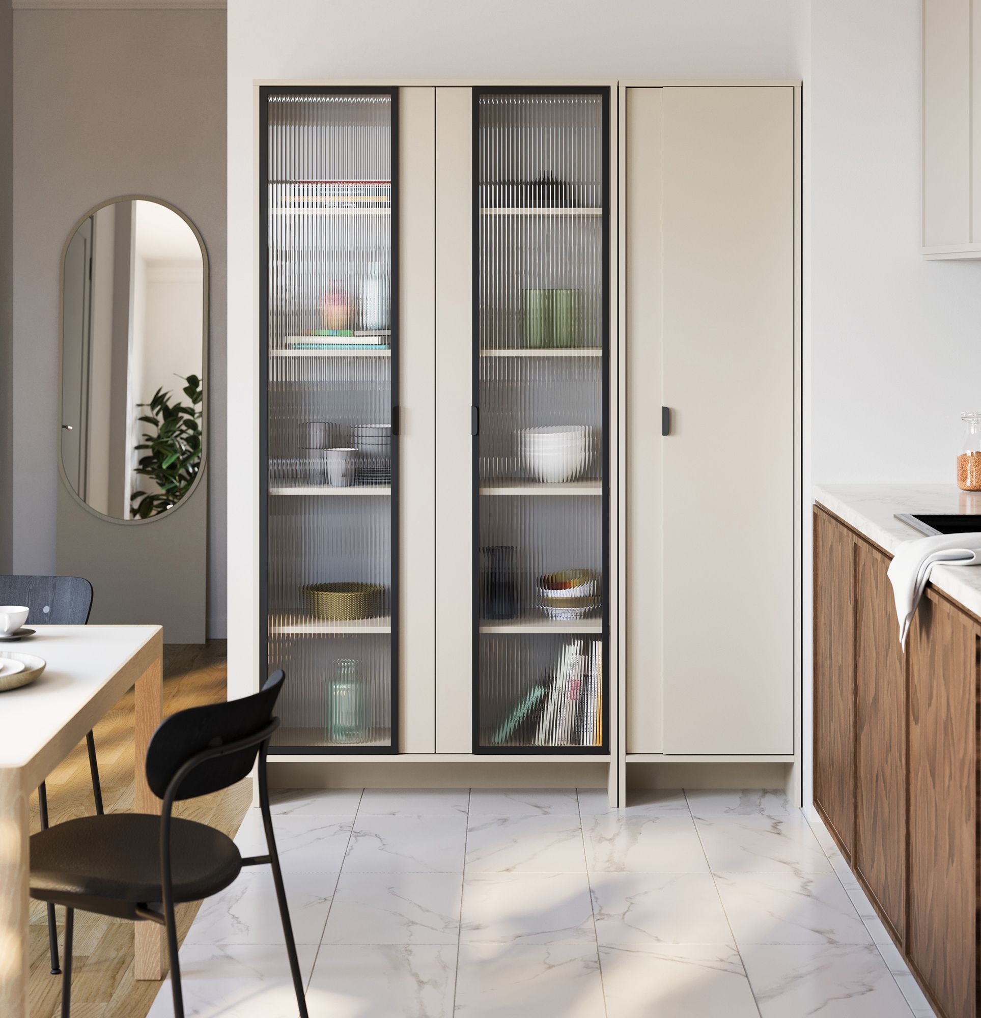 Armoire LAYERS LAY45
Couleur : Beige Champagne
Couleur de la façade de la deuxième couche : Champagne Beige
Poignée : Poignée LAYERS 110 Noir Onyx
Type de verre : verre ornemental cannelé
