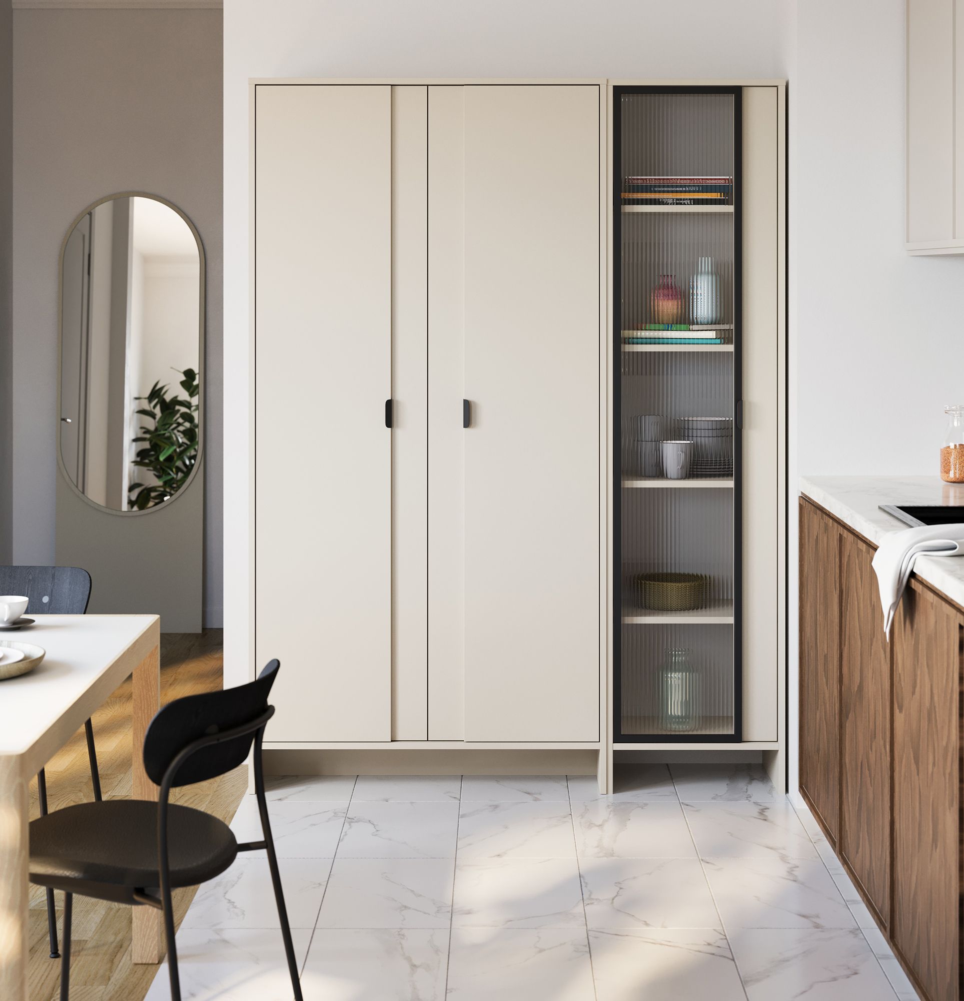 Armoire LAYERS LAY46
Couleur : Beige Champagne
Couleur de la façade de la deuxième couche : Champagne Beige
Poignée : Poignée LAYERS 110 Noir Onyx
Type de verre : verre ornemental cannelé