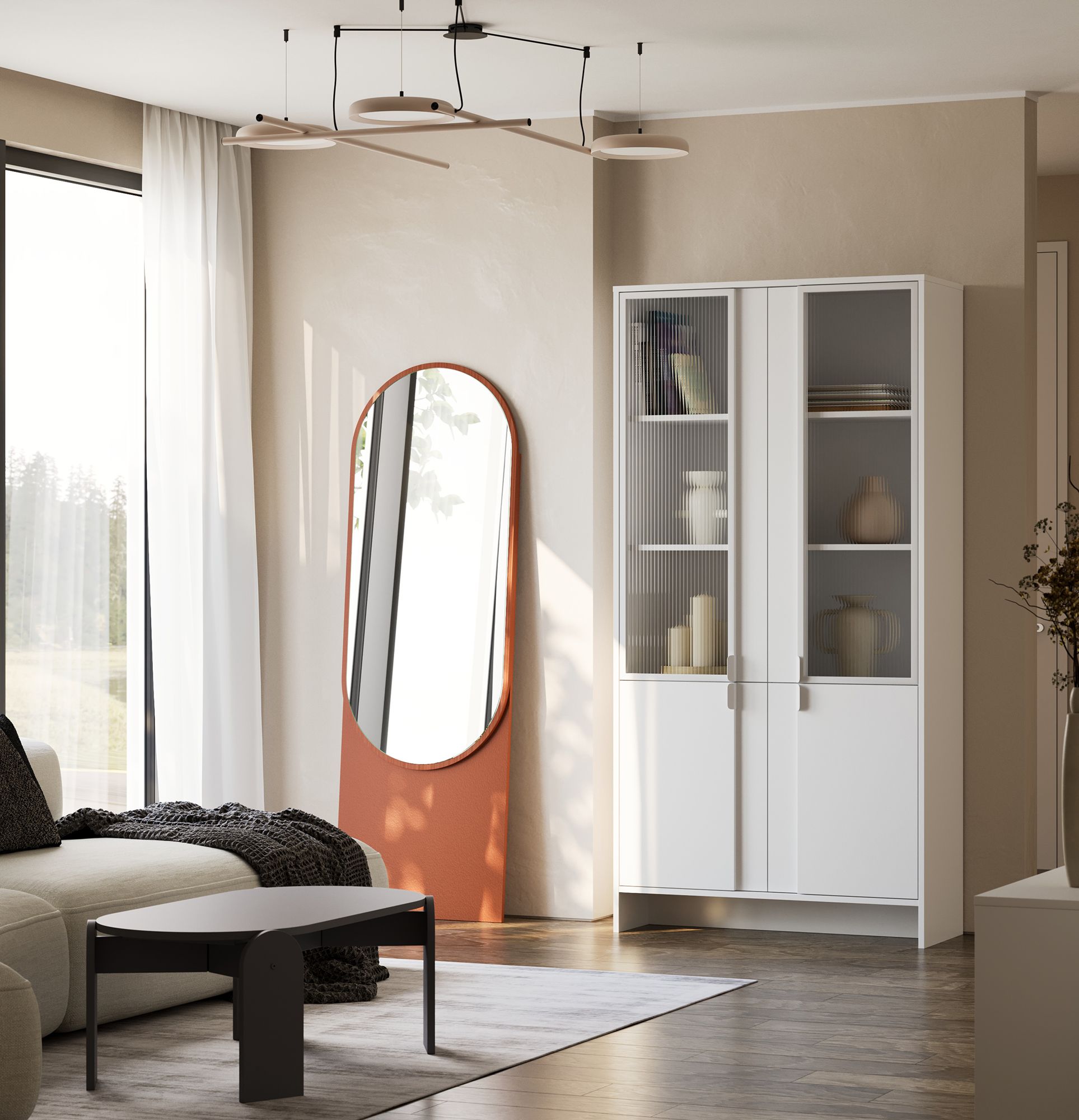 Armoire LAYERS LAY47
Couleur : blanc porcelaine
Couleur de la façade de la deuxième couche : blanc porcelaine
Poignée : LAYERS 110 blanc porcelaine
Type de verre : Verre ornemental cannelé