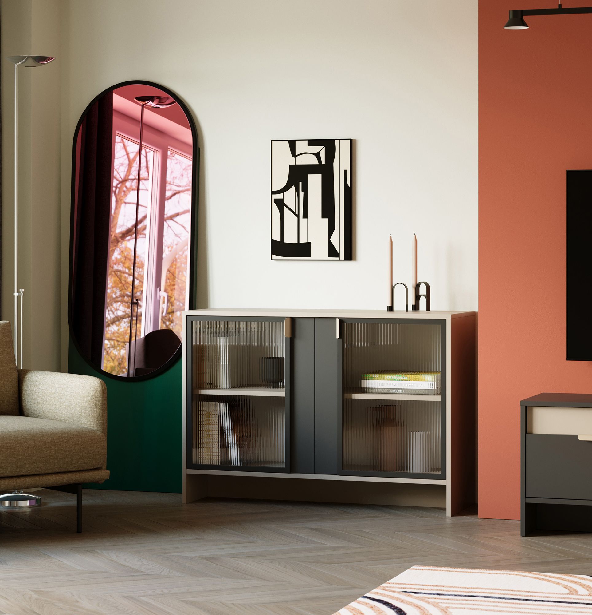 LAYERS vitrine basse LAY51
Couleur : Cappuccino
Couleur de la façade de la deuxième couche : Deep Basalt
Poignée : Poignée LAYERS 110 Cappuccino
Type de verre : Verre ornemental cannelé