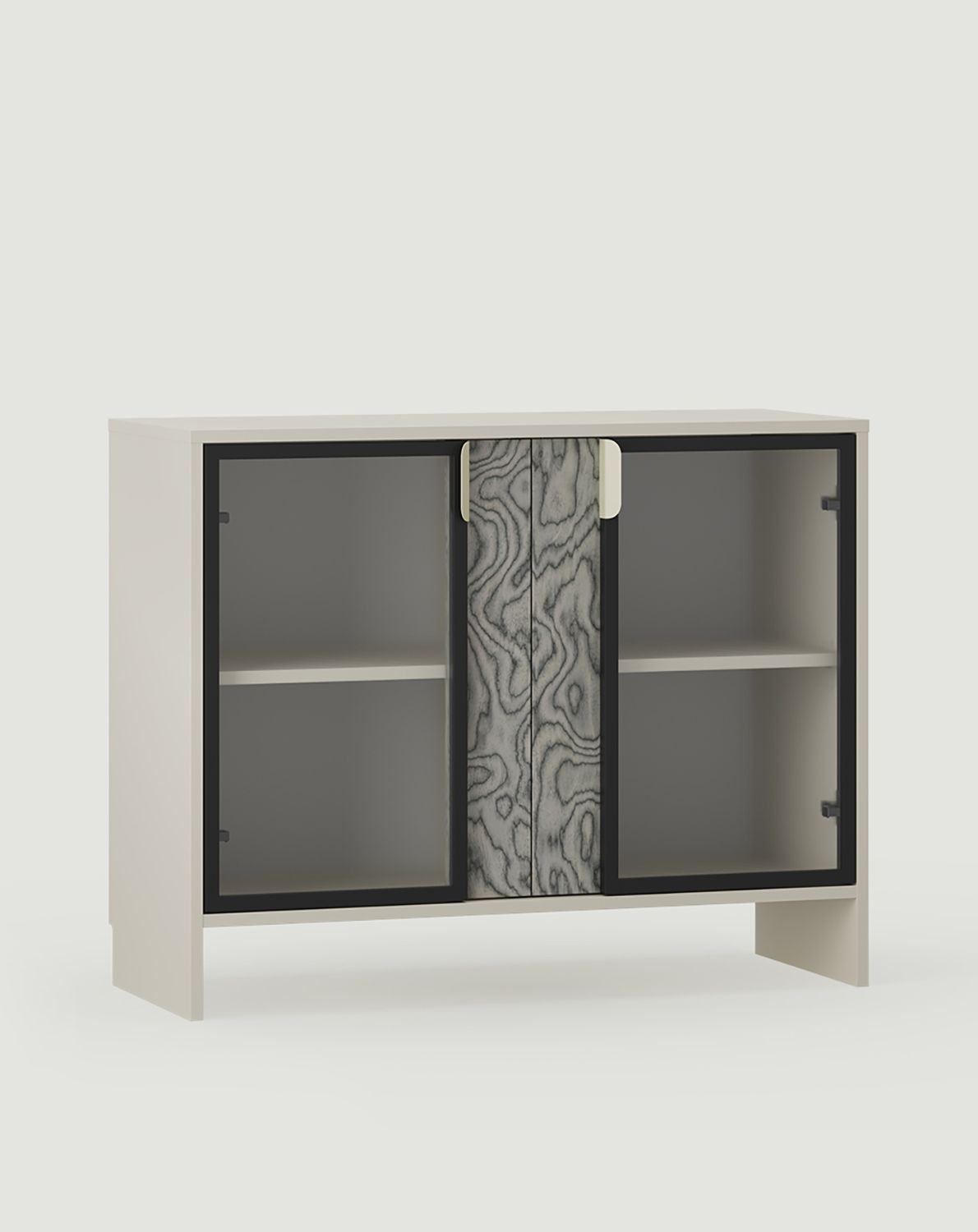 Vitrine basse LAYERS LAY51
Couleur : Voie lactée
Couleur de la deuxième couche de la façade : placage gris Sottsass
Poignée : LAYERS 110 Milky Way
Type de verre : Verre ornemental mons