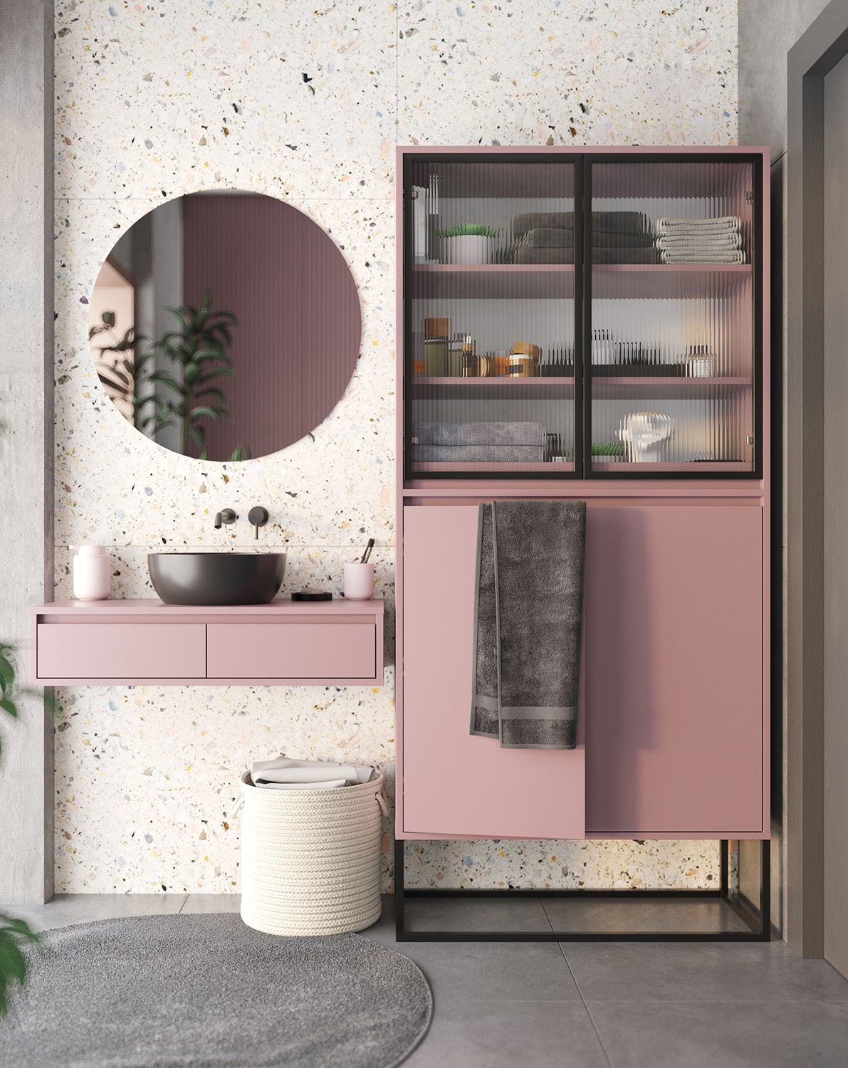 Armoire ODIS WO1
Couleur : Rose antique
Couleur des pieds : acier ODIS noir
Type de verre : Verre ornemental cannelé