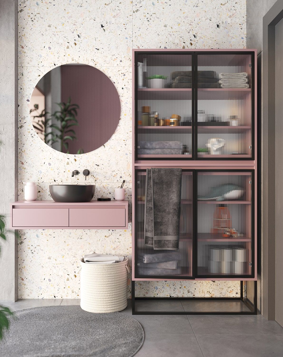Armoire ODIS WO2
Couleur : Rose antique
Couleur des pieds : acier ODIS noir
Type de verre : Verre ornemental cannelé