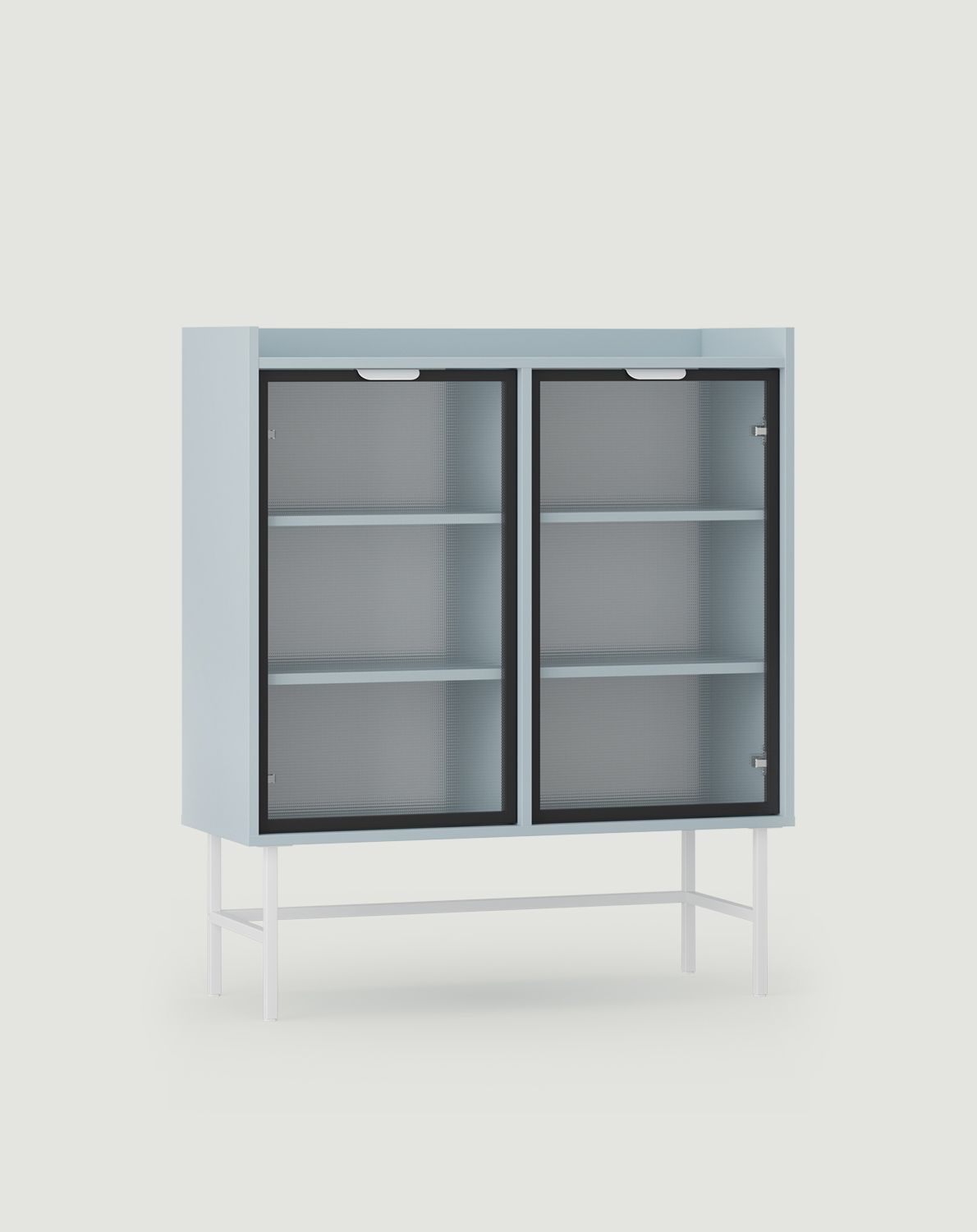 SIGI armoire basse WSN1
Couleur : Bleu colombe
Verre : verre mons ornemental
Pied : blanc
Poignée : LAYERS 110 Blanc