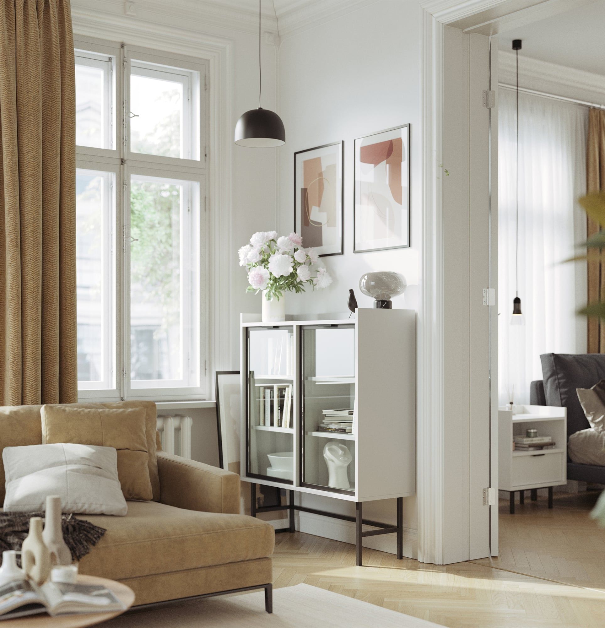 SIGI armoire basse WSN1
Couleur : blanc porcelaine
Verre : verre lisse
Pied : Noir
Poignée : Poignée LING Noir