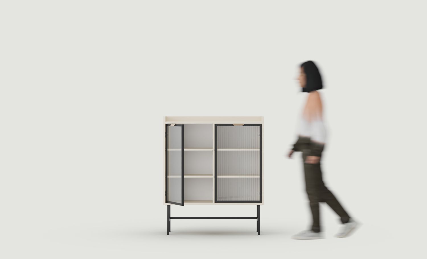 SIGI armoire basse WSN1
Couleur : Beige Champagne
Verre : verre ornemental cannelé
Pied : Noir
Poignée : LAYERS 110 Poignée cappuccino