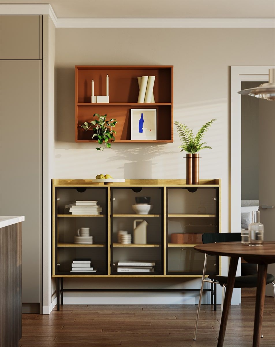 SIGI armoire basse WSN2
Couleur : Placage chêne naturel
Verre : verre nubes ornemental
Pied : Noir
Poignée : Poignée RIND Noir