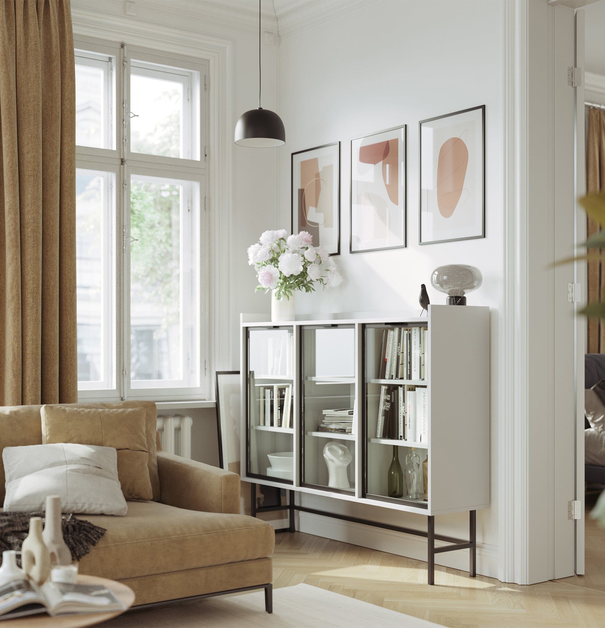 SIGI armoire basse WSN2
Couleur : blanc porcelaine
Verre : verre lisse
Pied : Noir
Poignée : Poignée LING Noir