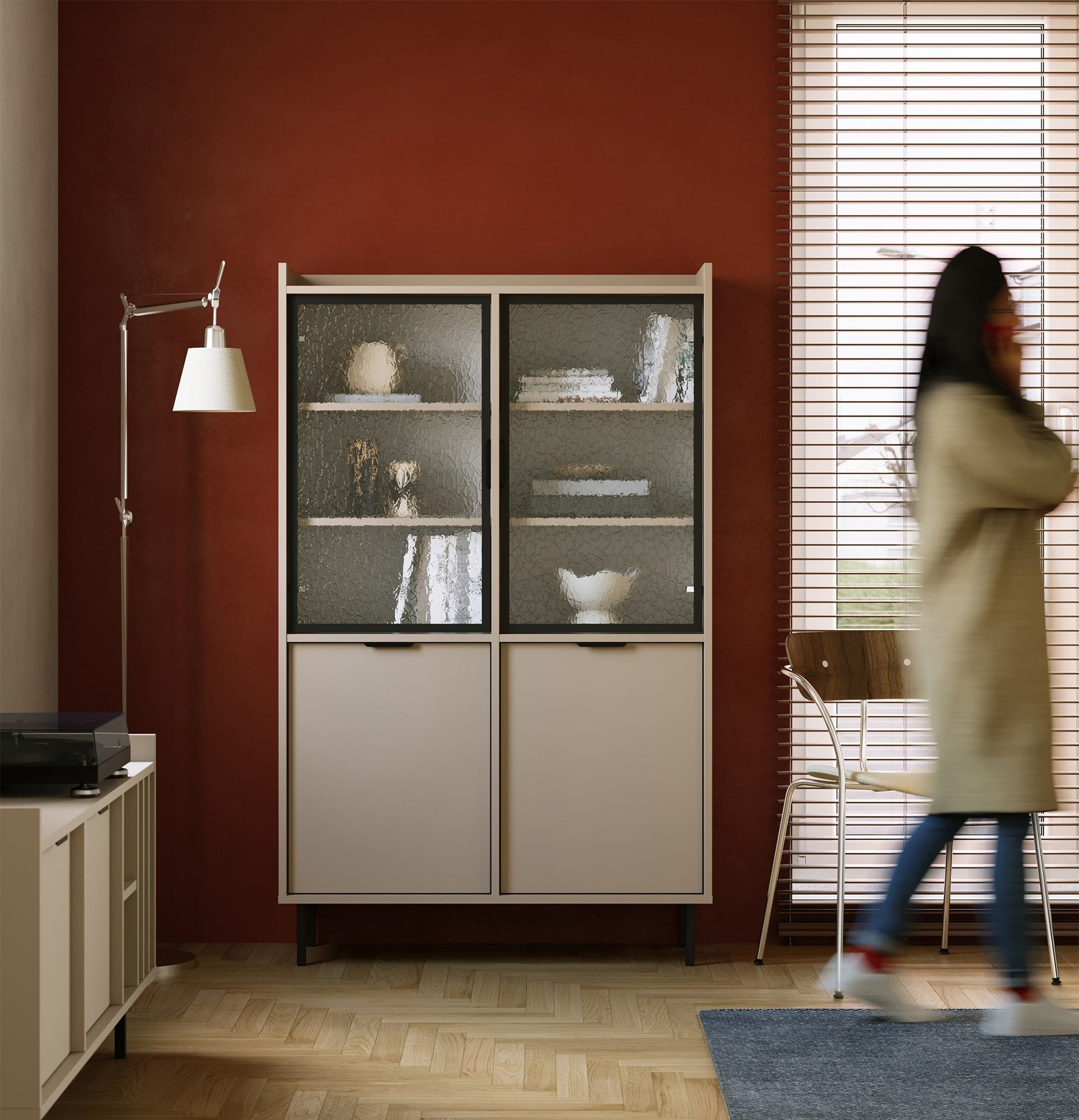 SIGI vitrine basse WSN4
Couleur : Cappuccino
Verre : verre ornemental Flumen
Pied : Noir
Poignée : Poignée LING Noir