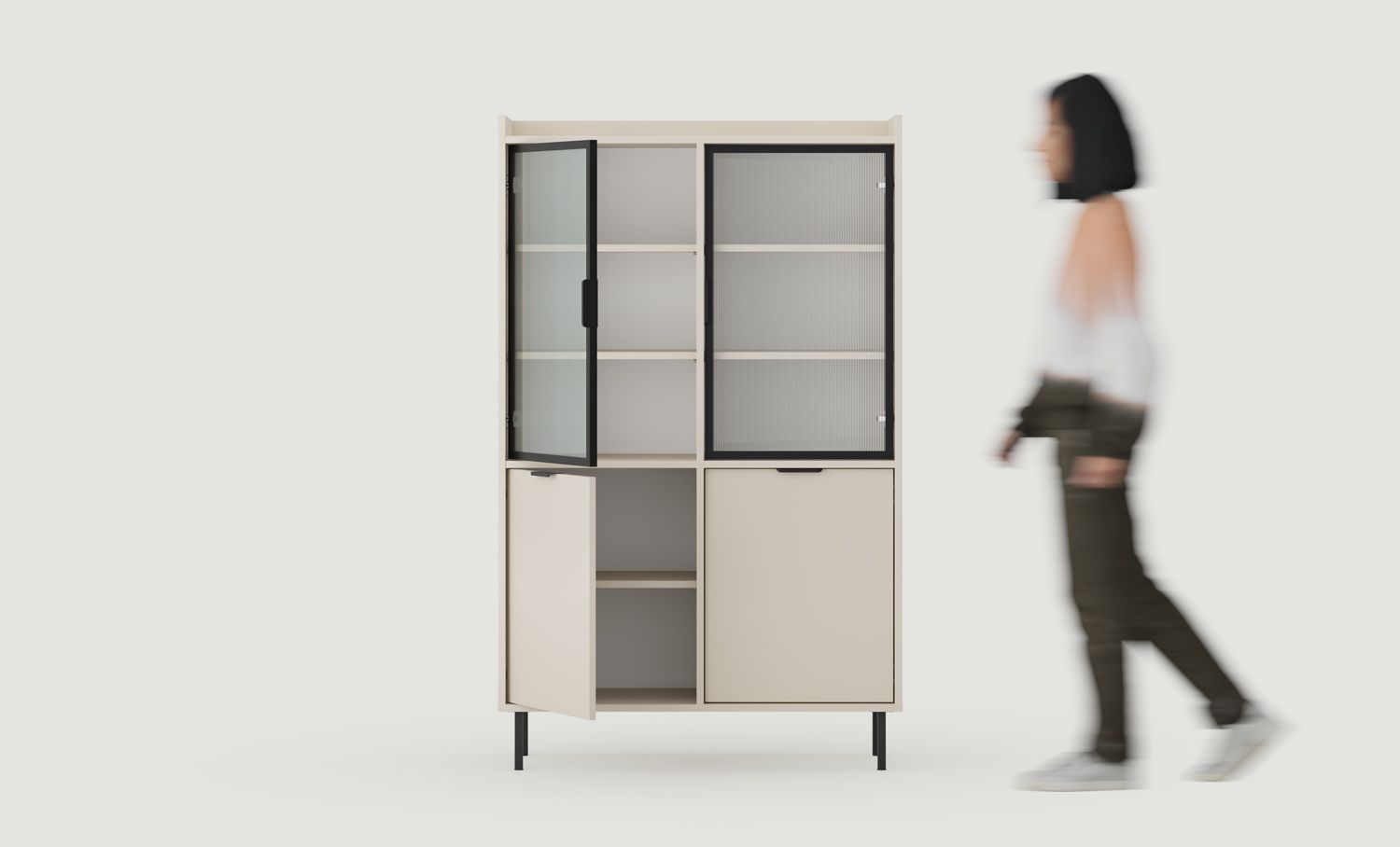SIGI armoire basse WSN4
Couleur : Beige Champagne
Verre : verre ornemental cannelé
Pied : Noir
Poignée : LAYERS 110 Poignée cappuccino