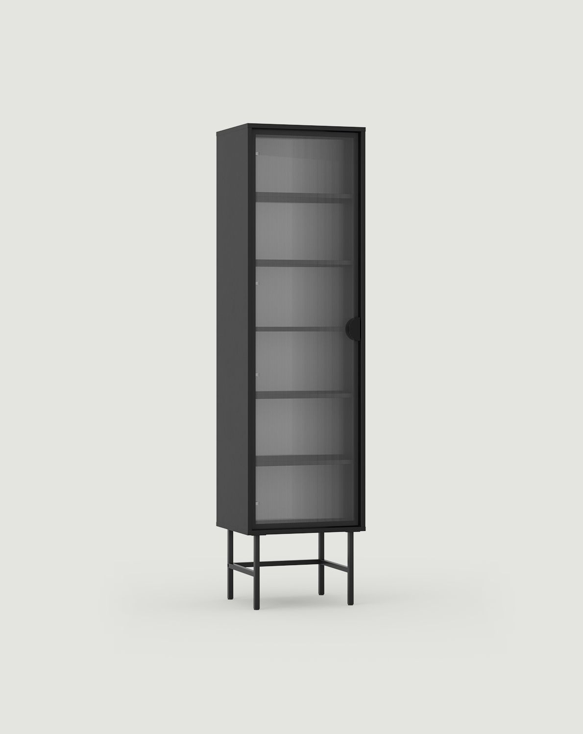 Vitrine SIGI WSM1
Couleur : Onyx noir
Verre : verre ornemental cannelé
Pied : noir
Poignée : poignée RIND noire