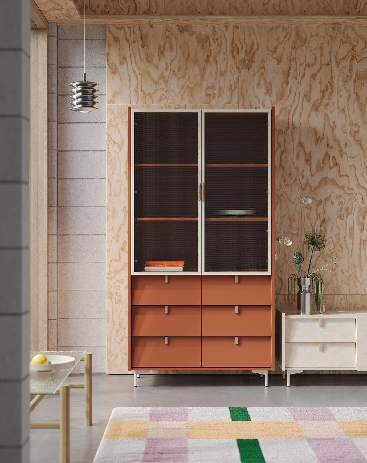 Vitrine SKRA SKR97
Couleur : Terracotta ardent
Poignée supérieure : Cigar Oak
Couleur du cadre : Milky Way
Poignée inférieure : Chêne Wedge
Pied : Milky Way